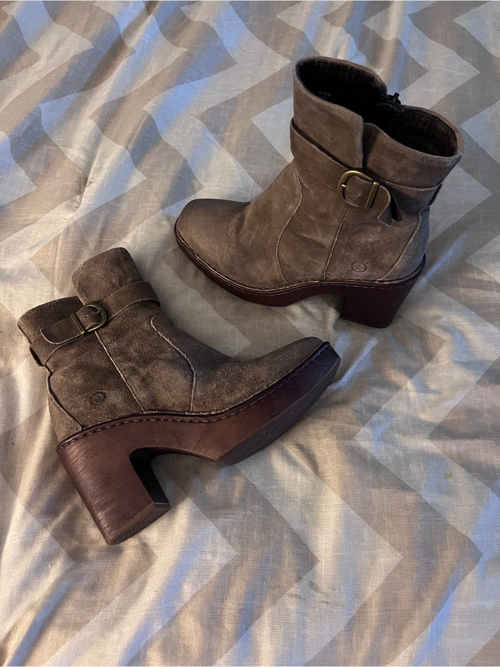Born Taupe Suede Heeled Ankle Boots with Buckle
